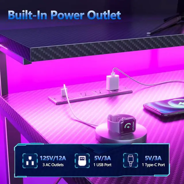Alt view image 5 of 7 - 48" Gaming Desk with Power Outlet, LED, Carbon Fiber Black Finish