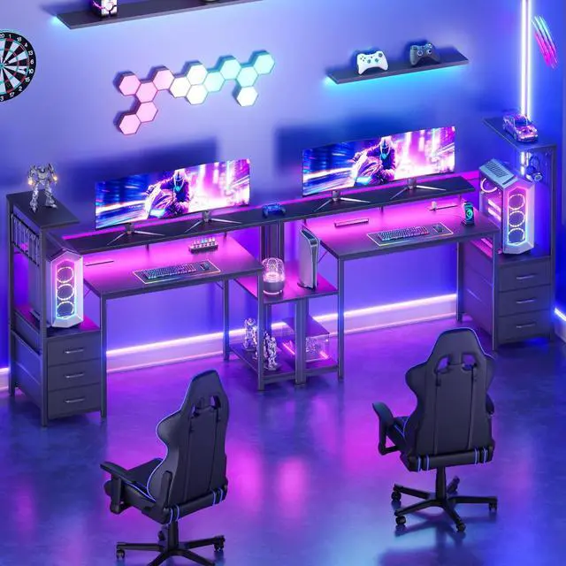Alt view image 6 of 7 - 48" Gaming Desk with Power Outlet, LED, Carbon Fiber Black Finish