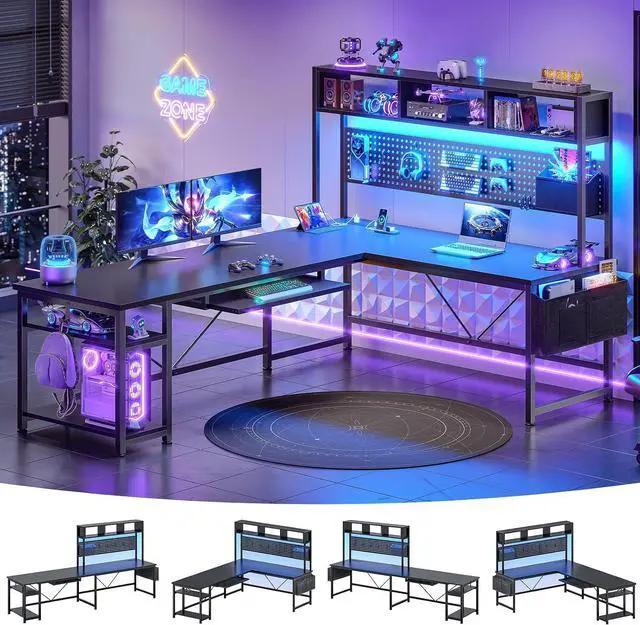 Main image of 67" L Shaped Gaming Desk with Pegboard LED Lights and Power Outlet