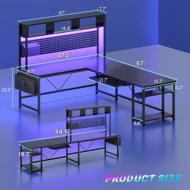 Alt view image 2 of 7 - 67" L Shaped Gaming Desk with Pegboard LED Lights and Power Outlet