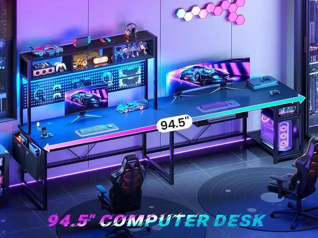 Alt view image 3 of 7 - 67" L Shaped Gaming Desk with Pegboard LED Lights and Power Outlet