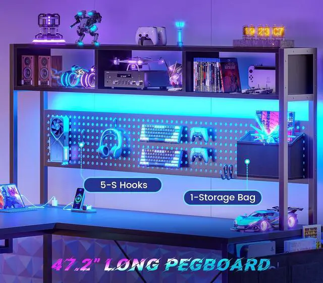 Alt view image 4 of 7 - 67" L Shaped Gaming Desk with Pegboard LED Lights and Power Outlet
