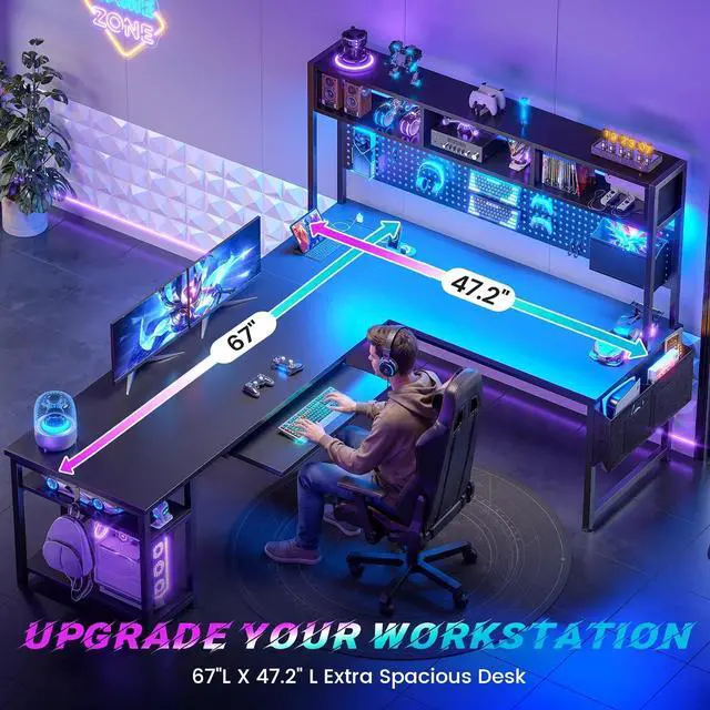 Alt view image 5 of 7 - 67" L Shaped Gaming Desk with Pegboard LED Lights and Power Outlet
