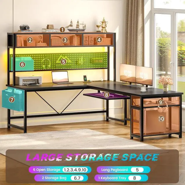 Alt view image 6 of 7 - 67" L Shaped Gaming Desk with Pegboard LED Lights and Power Outlet
