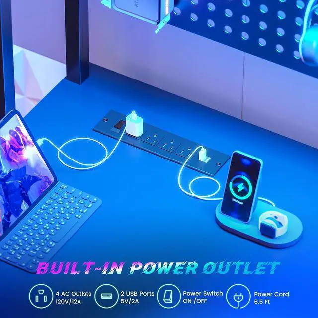 Alt view image 7 of 7 - 67" L Shaped Gaming Desk with Pegboard LED Lights and Power Outlet