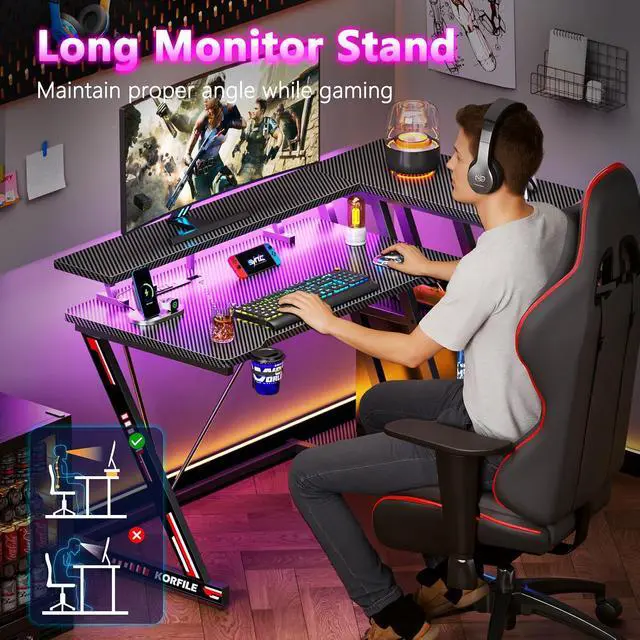Alt view image 7 of 7 - 40 Inch Gaming Desk with Power Outlet & LED Lights, L Shaped Computer Gaming Table with 3 Tiers Storage Shelves, Corner Gamer Desk with Monitor Stand for Small Space, Carbon Fiber Black