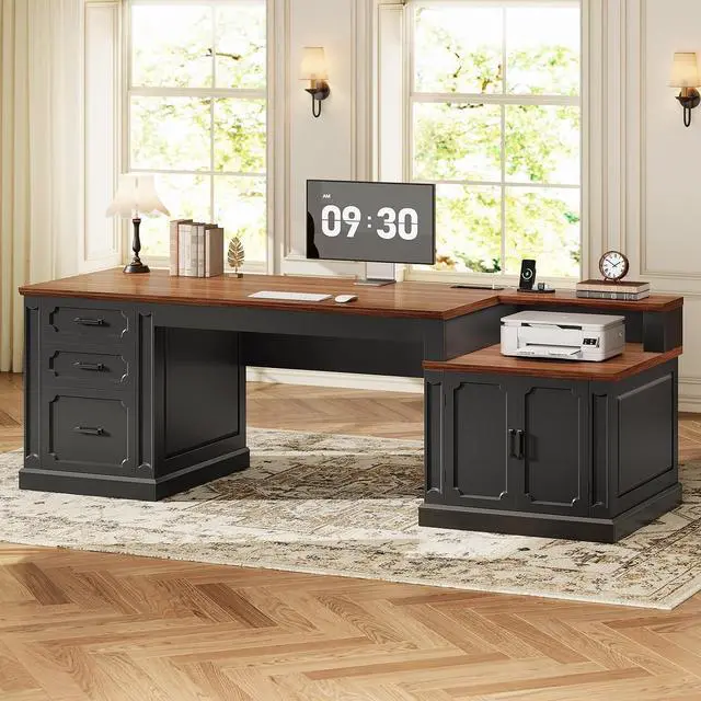 Main image of 70.9" Executive Desk, Home Office Desk with File Drawers and Storage Cabinet, Computer Desk with Power Outlet for Home Office, Work Study Writing, Black+Brown