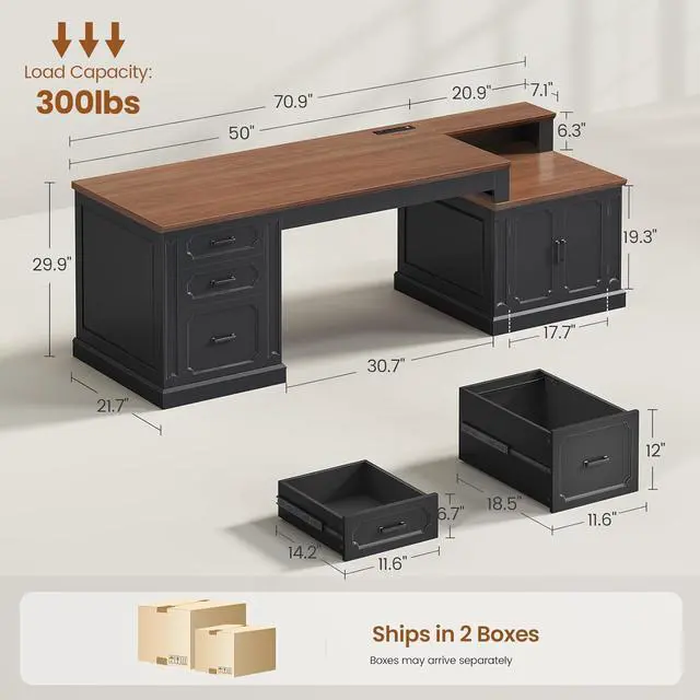 Alt view image 2 of 7 - 70.9" Executive Desk, Home Office Desk with File Drawers and Storage Cabinet, Computer Desk with Power Outlet for Home Office, Work Study Writing, Black+Brown