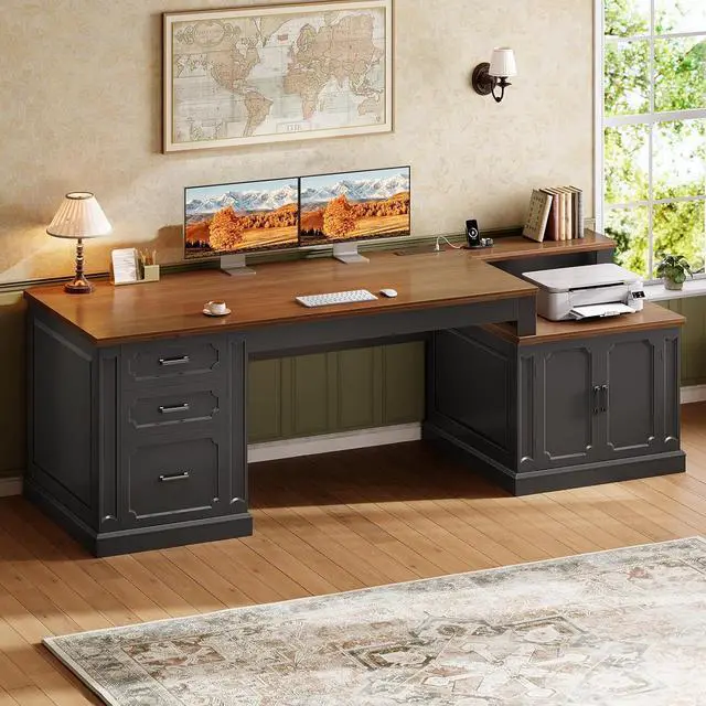 Alt view image 3 of 7 - 70.9" Executive Desk, Home Office Desk with File Drawers and Storage Cabinet, Computer Desk with Power Outlet for Home Office, Work Study Writing, Black+Brown