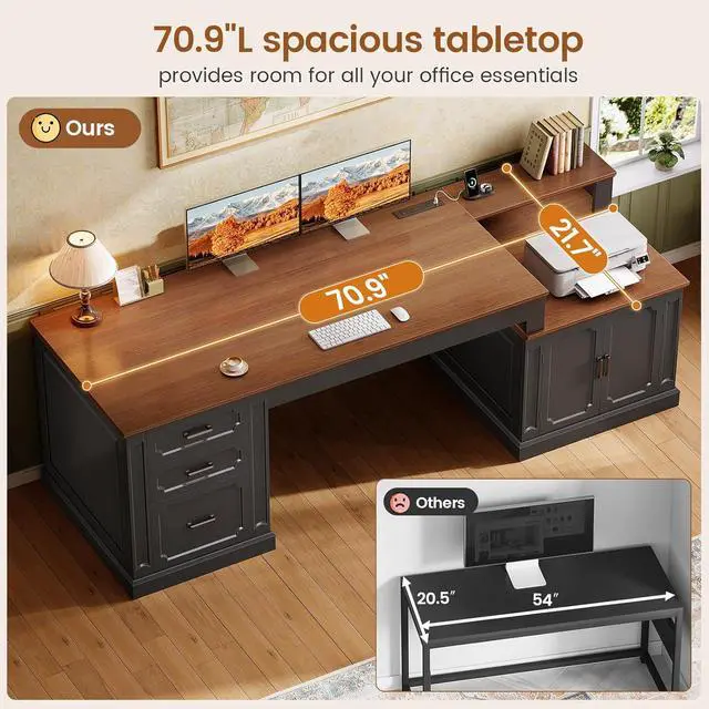 Alt view image 6 of 7 - 70.9" Executive Desk, Home Office Desk with File Drawers and Storage Cabinet, Computer Desk with Power Outlet for Home Office, Work Study Writing, Black+Brown