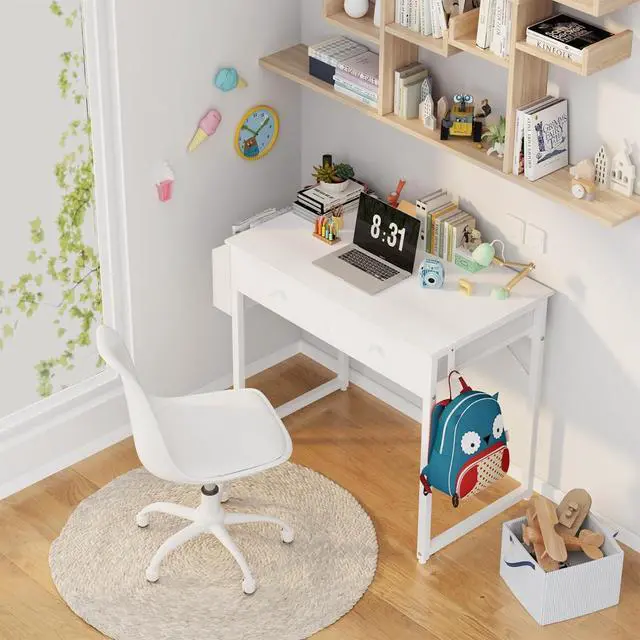 Alt view image 2 of 7 - Small White Kids Desk with Drawers for Bedroom, 32 Inch Home Office Desks with Fabric Storage Drawer and Bag, Study Writing Vanity Table for Small Spaces, White