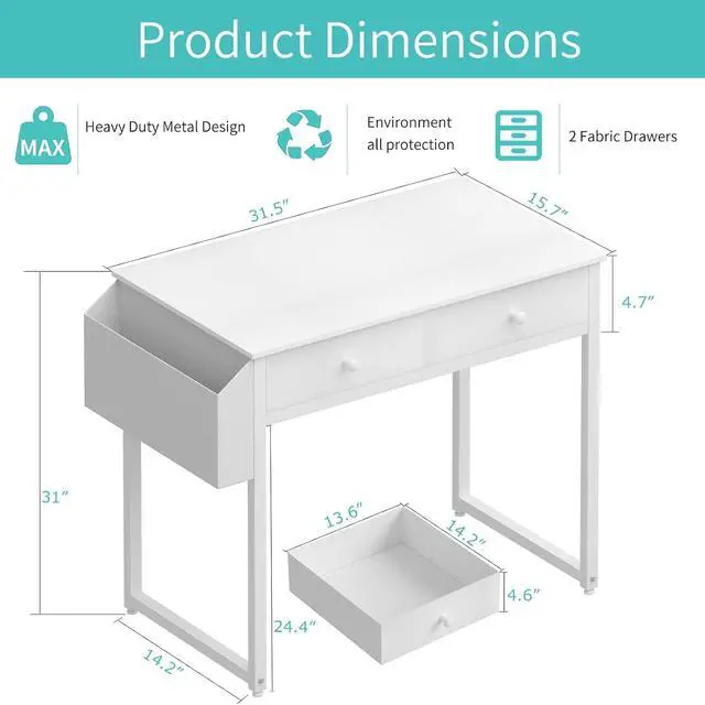 Alt view image 3 of 7 - Small White Kids Desk with Drawers for Bedroom, 32 Inch Home Office Desks with Fabric Storage Drawer and Bag, Study Writing Vanity Table for Small Spaces, White