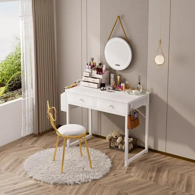 Alt view image 4 of 7 - Small White Kids Desk with Drawers for Bedroom, 32 Inch Home Office Desks with Fabric Storage Drawer and Bag, Study Writing Vanity Table for Small Spaces, White