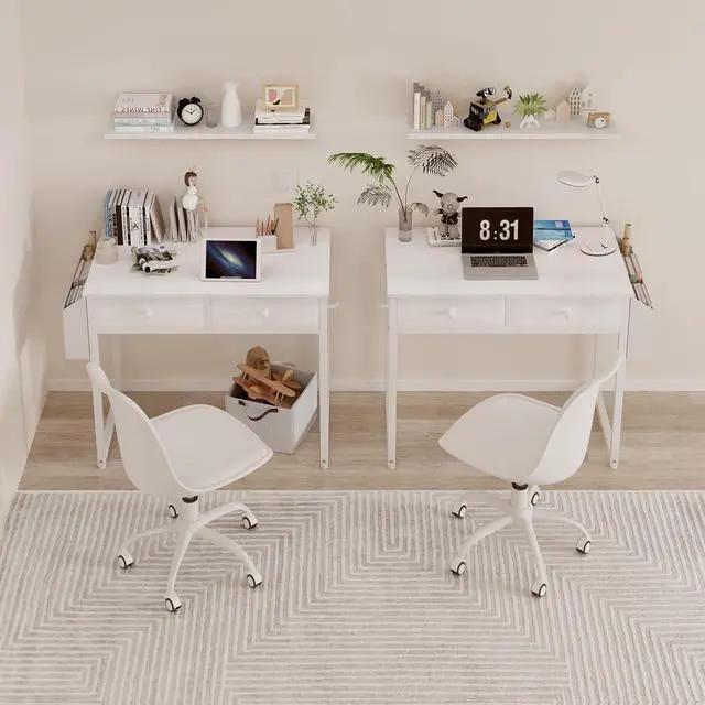 Alt view image 6 of 7 - Small White Kids Desk with Drawers for Bedroom, 32 Inch Home Office Desks with Fabric Storage Drawer and Bag, Study Writing Vanity Table for Small Spaces, White