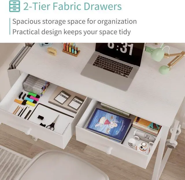 Alt view image 7 of 7 - Small White Kids Desk with Drawers for Bedroom, 32 Inch Home Office Desks with Fabric Storage Drawer and Bag, Study Writing Vanity Table for Small Spaces, White