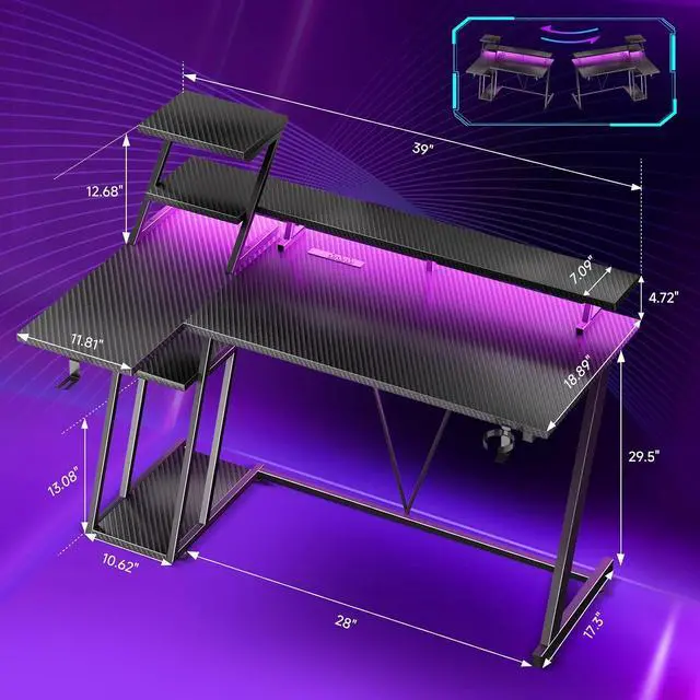 Alt view image 2 of 7 - 40 Inch Gaming Desk with LED Lights & Power Outlet, L Shaped Computer Gaming Table with Storage Shelves, Reversible Corner Desk with Monitor Stand for Home Office, Carbon Fiber Black