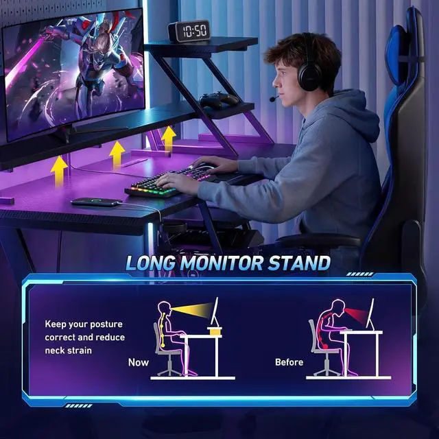 Alt view image 4 of 7 - 40 Inch Gaming Desk with LED Lights & Power Outlet, L Shaped Computer Gaming Table with Storage Shelves, Reversible Corner Desk with Monitor Stand for Home Office, Carbon Fiber Black