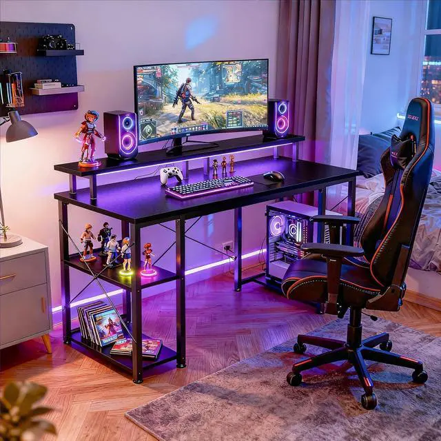 Alt view image 2 of 7 - 48 Inch Gaming Desk with LED Lights & Storage Shelves, Black