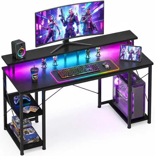 Main image of 48 Inch Gaming Desk with LED Lights & Storage Shelves, Black