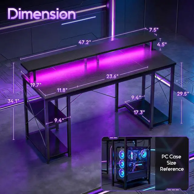 Alt view image 3 of 7 - 48 Inch Gaming Desk with LED Lights & Storage Shelves, Black