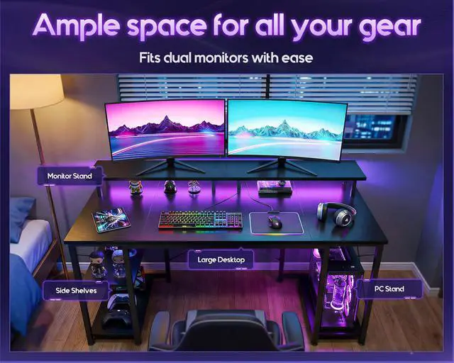 Alt view image 4 of 7 - 48 Inch Gaming Desk with LED Lights & Storage Shelves, Black