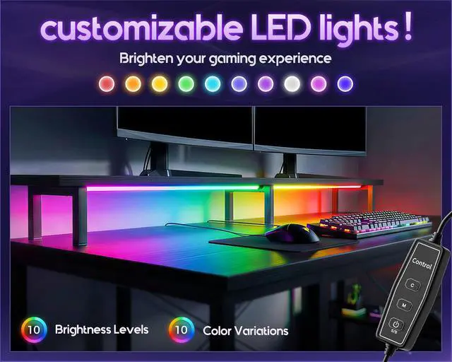 Alt view image 5 of 7 - 48 Inch Gaming Desk with LED Lights & Storage Shelves, Black