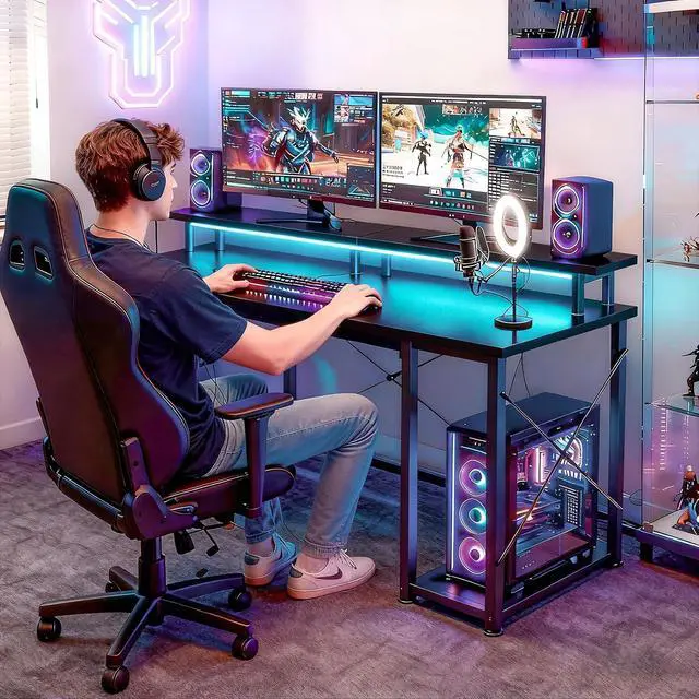 Alt view image 6 of 7 - 48 Inch Gaming Desk with LED Lights & Storage Shelves, Black