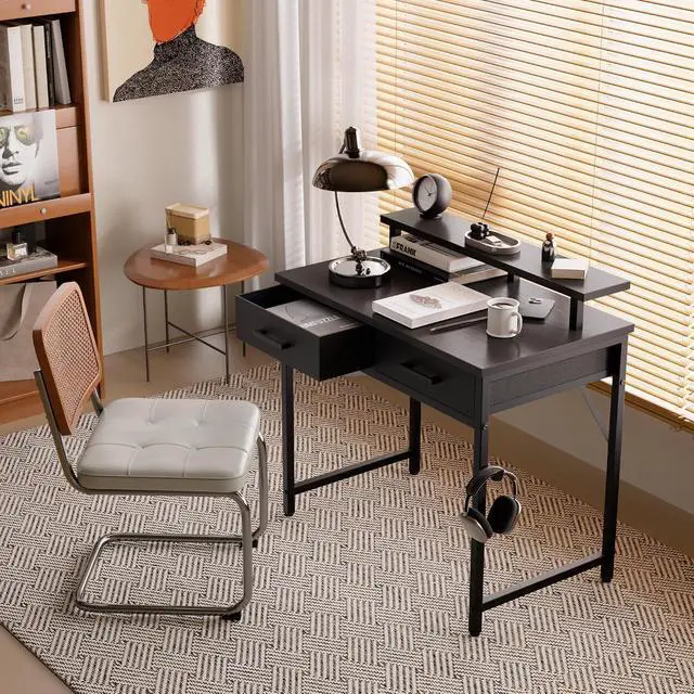 Alt view image 2 of 5 - 32 Inch Small Computer Desk with Monitor Stand and 2 Drawers