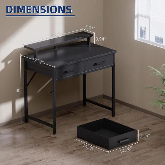 Alt view image 3 of 5 - 32 Inch Small Computer Desk with Monitor Stand and 2 Drawers