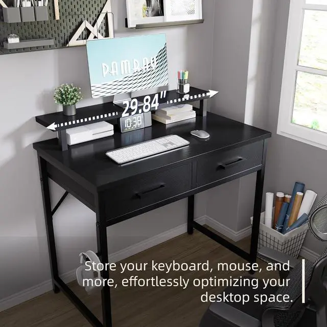 Alt view image 4 of 5 - 32 Inch Small Computer Desk with Monitor Stand and 2 Drawers