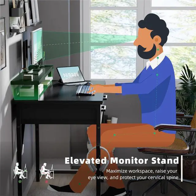 Alt view image 5 of 5 - 32 Inch Small Computer Desk with Monitor Stand and 2 Drawers