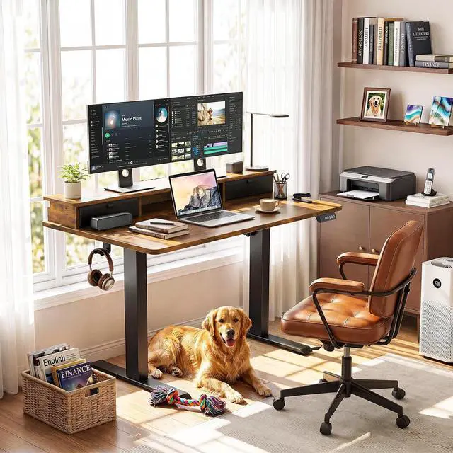 Alt view image 2 of 7 - Veken 47x28 in Electric Standing Desk with Drawers, Adjustable Table, Brown