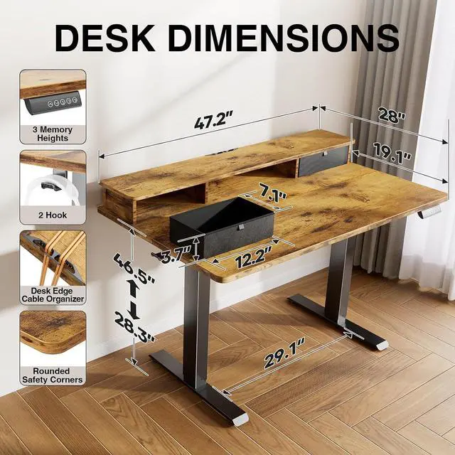 Alt view image 3 of 7 - Veken 47x28 in Electric Standing Desk with Drawers, Adjustable Table, Brown