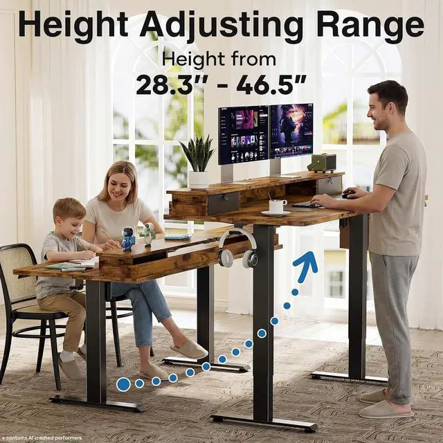 Alt view image 5 of 7 - Veken 47x28 in Electric Standing Desk with Drawers, Adjustable Table, Brown