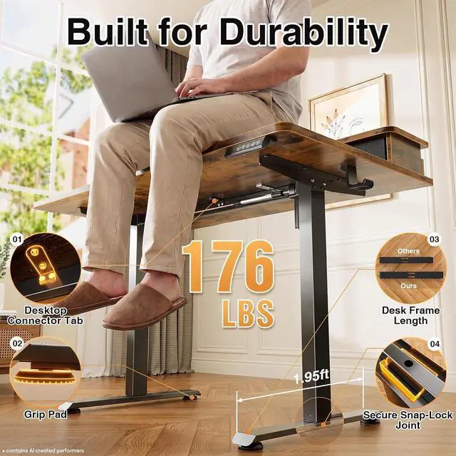 Alt view image 6 of 7 - Veken 47x28 in Electric Standing Desk with Drawers, Adjustable Table, Brown