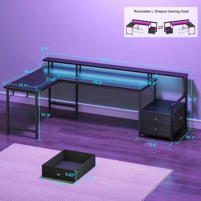 Alt view image 2 of 7 - 66' L Shaped Gaming Desk with Storage Drawers, Power Outlets, LED