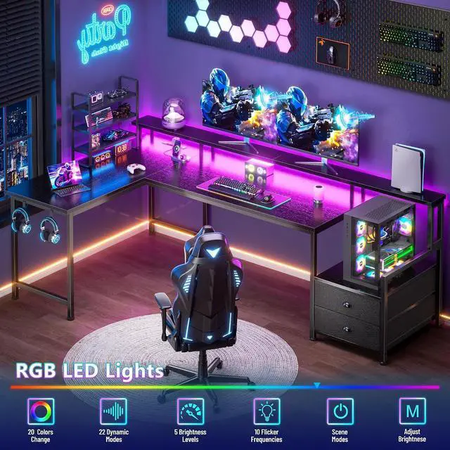 Alt view image 3 of 7 - 66' L Shaped Gaming Desk with Storage Drawers, Power Outlets, LED