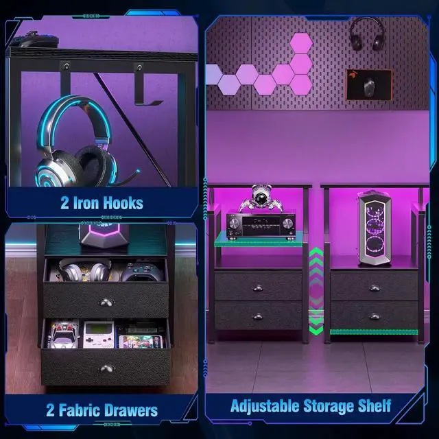 Alt view image 4 of 7 - 66' L Shaped Gaming Desk with Storage Drawers, Power Outlets, LED