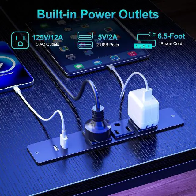 Alt view image 5 of 7 - 66' L Shaped Gaming Desk with Storage Drawers, Power Outlets, LED