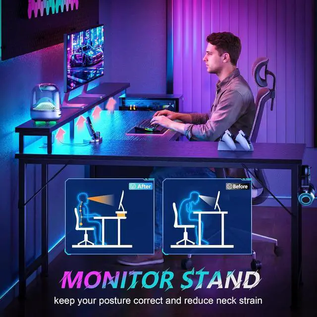 Alt view image 6 of 7 - 66' L Shaped Gaming Desk with Storage Drawers, Power Outlets, LED