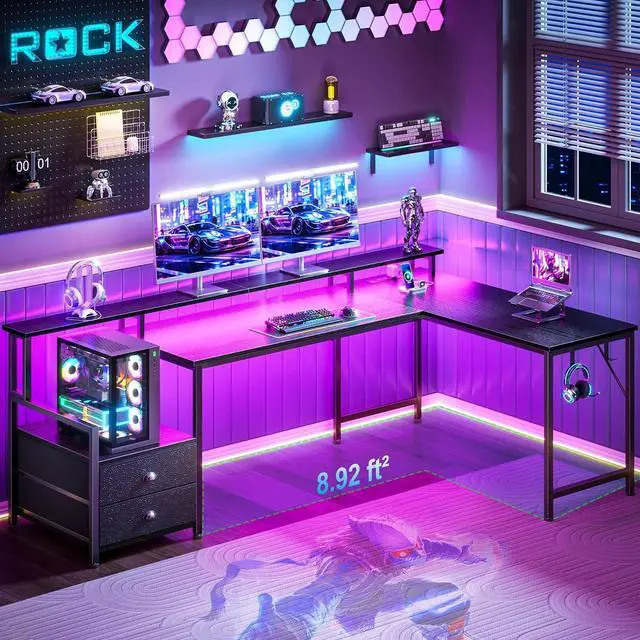 Alt view image 7 of 7 - 66' L Shaped Gaming Desk with Storage Drawers, Power Outlets, LED