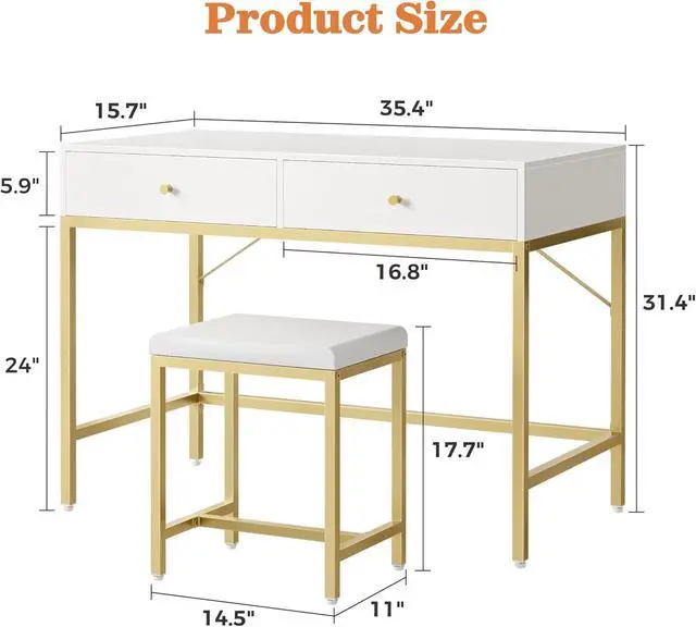 Alt view image 3 of 7 - 35.4" White and Gold Desk with 2 Drawers, Modern Makeup Vanity