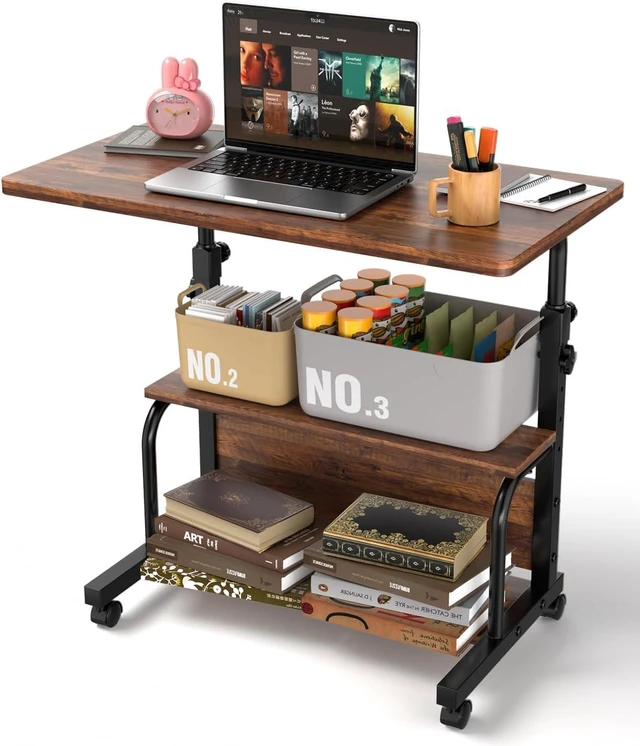 Main image of Portable Rolling Desk on Wheels Adjustable Height Desks for Small Spaces, 32" Computer Desk Drafting Tables with Storage Shelves for Home Office Rustic