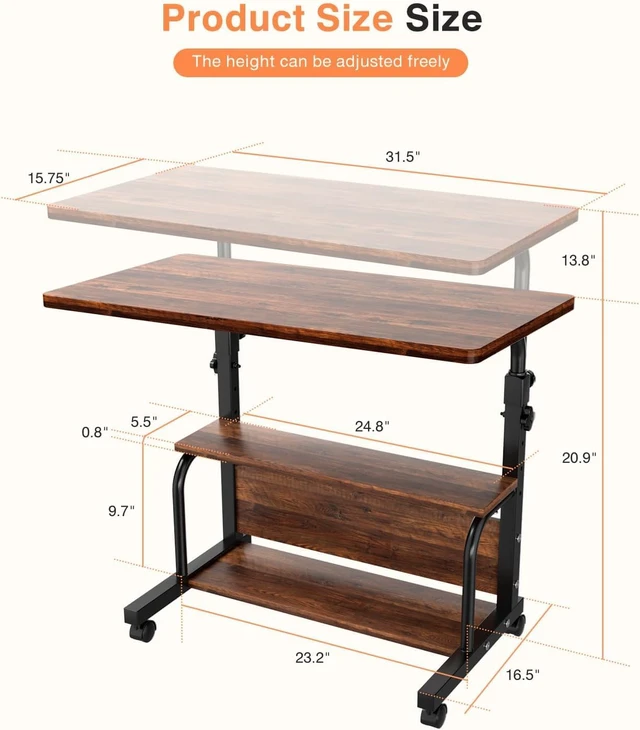 Alt view image 3 of 7 - Portable Rolling Desk on Wheels Adjustable Height Desks for Small Spaces, 32" Computer Desk Drafting Tables with Storage Shelves for Home Office Rustic