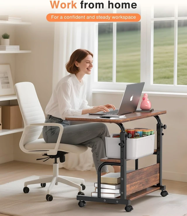 Alt view image 2 of 7 - Portable Rolling Desk on Wheels Adjustable Height Desks for Small Spaces, 32" Computer Desk Drafting Tables with Storage Shelves for Home Office Rustic