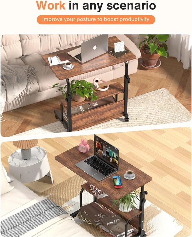 Alt view image 5 of 7 - Portable Rolling Desk on Wheels Adjustable Height Desks for Small Spaces, 32" Computer Desk Drafting Tables with Storage Shelves for Home Office Rustic