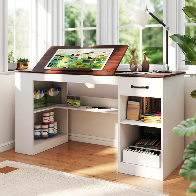 Main image of 55.1" Drafting Table, Craft Art Table, Computer Desk | Storage Cabinet, Drawer, 0-80° Tiltable Tabletop, Adjustable Shelf, Power Outlet, Artists, Painters, Drawing, Crafting, White