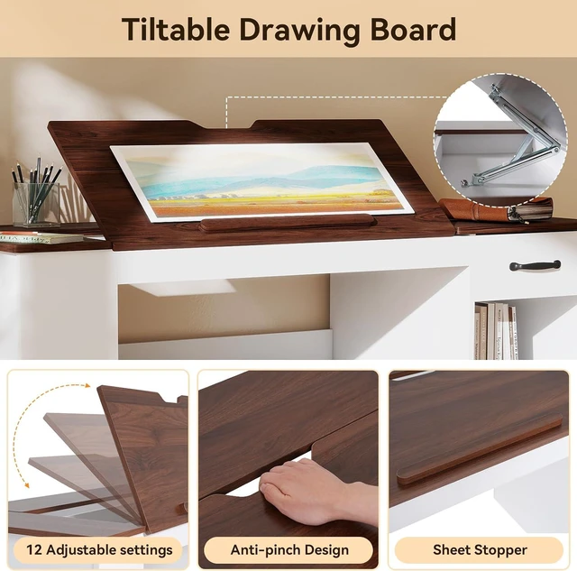 Alt view image 4 of 7 - 55.1" Drafting Table, Craft Art Table, Computer Desk | Storage Cabinet, Drawer, 0-80° Tiltable Tabletop, Adjustable Shelf, Power Outlet, Artists, Painters, Drawing, Crafting, White