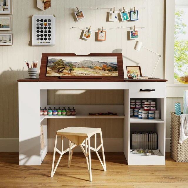 Alt view image 7 of 7 - 55.1" Drafting Table, Craft Art Table, Computer Desk | Storage Cabinet, Drawer, 0-80° Tiltable Tabletop, Adjustable Shelf, Power Outlet, Artists, Painters, Drawing, Crafting, White