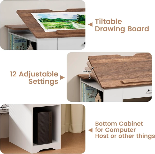 Alt view image 3 of 7 - Drafting Table with Storage Cabinet & Drawers, Adjustable Drawing Desk with Open Shelves, Craft Table Painting Desk for Artists, Painters, Drawing, Crafting, Reading, Writing, Working